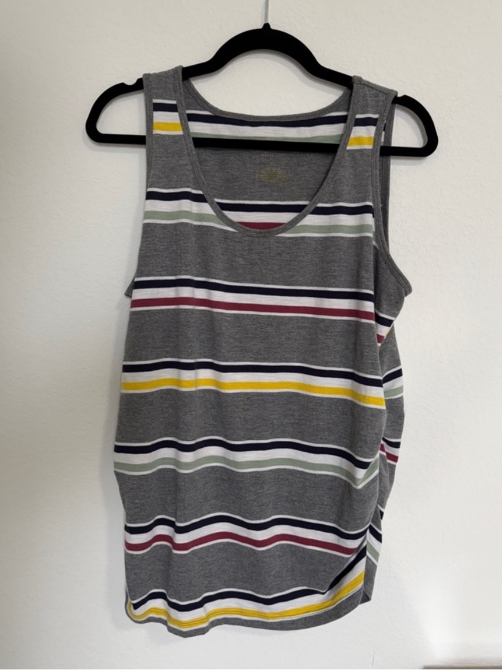 a:glow Maternity Gray Striped Tank with Yellow, Burgundy & Navy